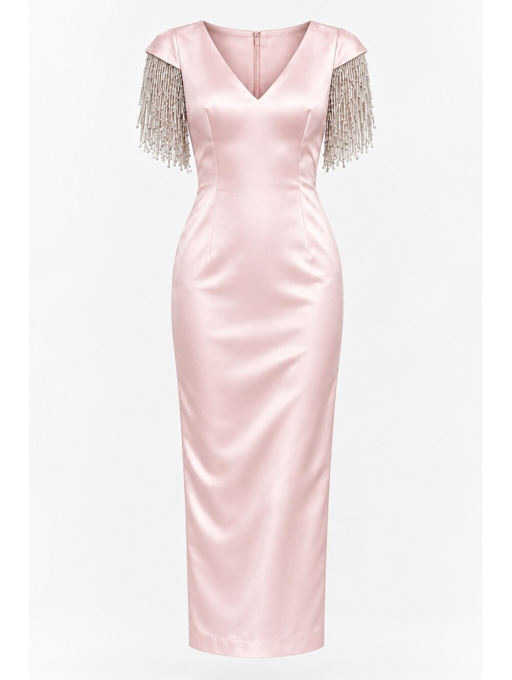 Badgley Mischka Blush Pink Midi Dress Silver Beaded Fringe Sleeves Sz 4 Runway